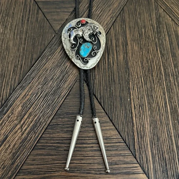 Vintage Navajo Sterling Silver Buffalo Bolo Tie Turquoise Coral Western